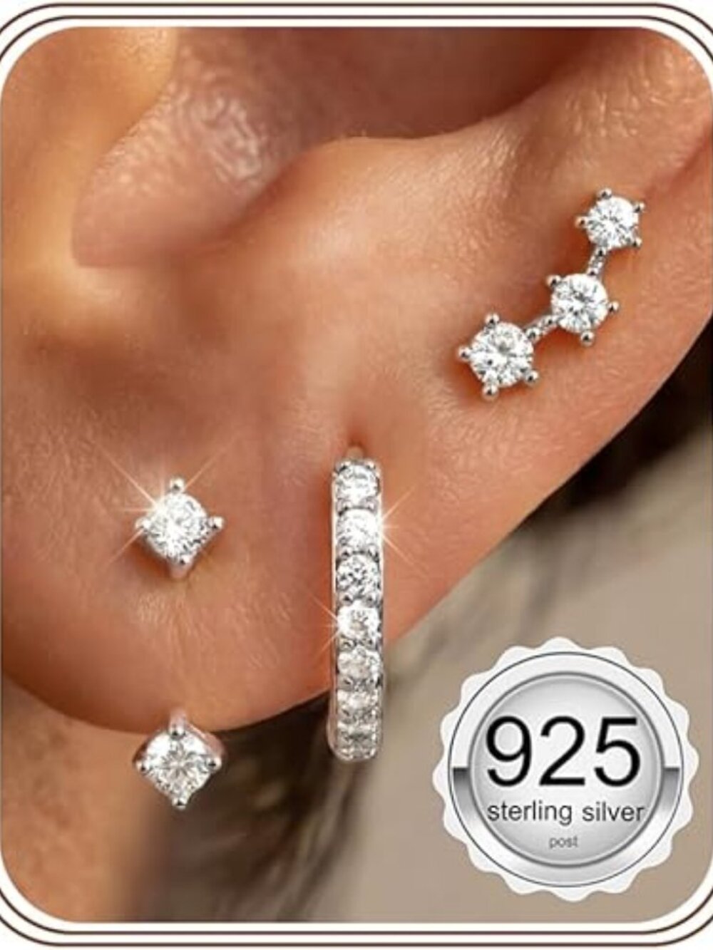 3 Pair Sterling Silver Earrings Set Gold Plated Stud Hoop Cartilage Stack